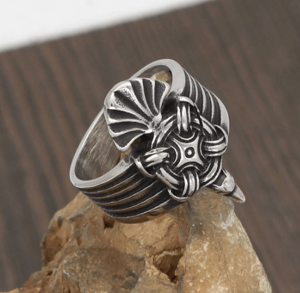 Stainless steel raven ring with wing motif and detailed sculpted raven head