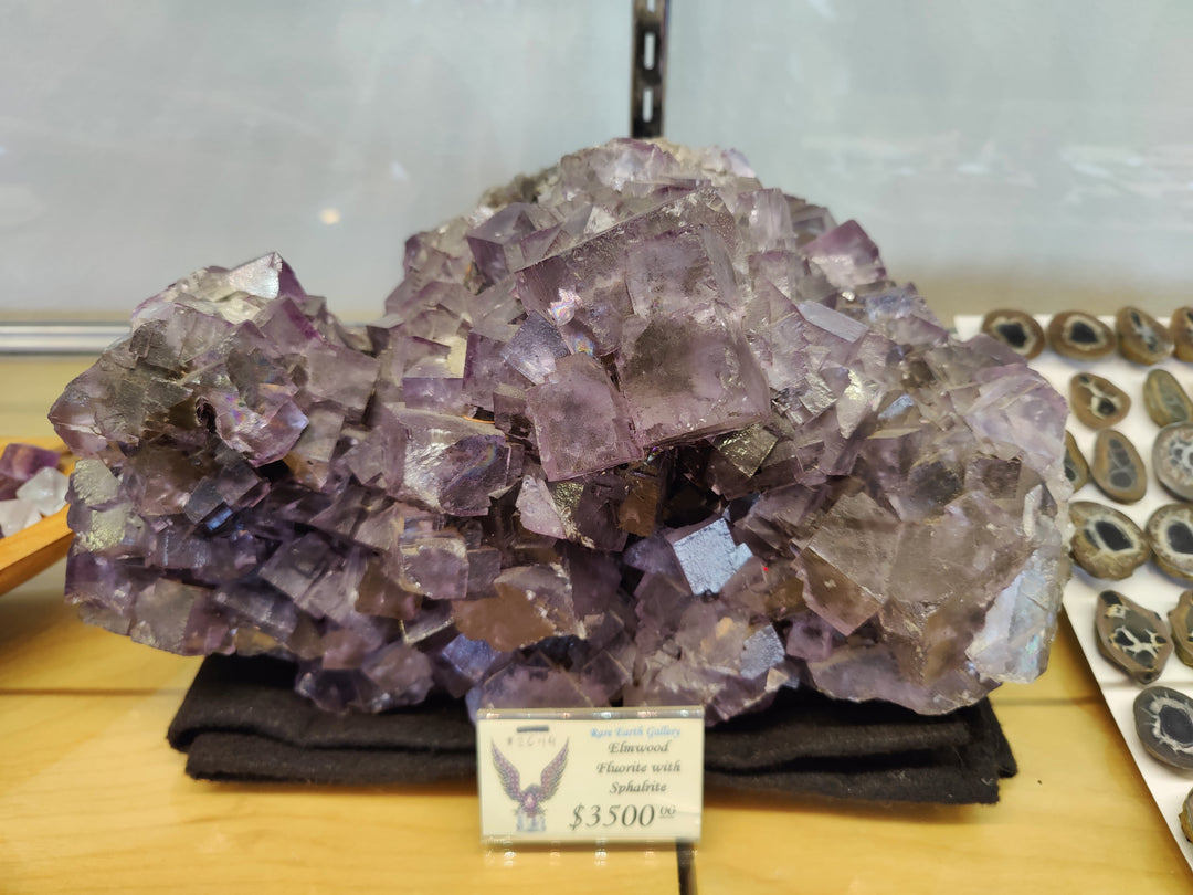 Amethyst-purple cubic fluorite crystal cluster on dark display base