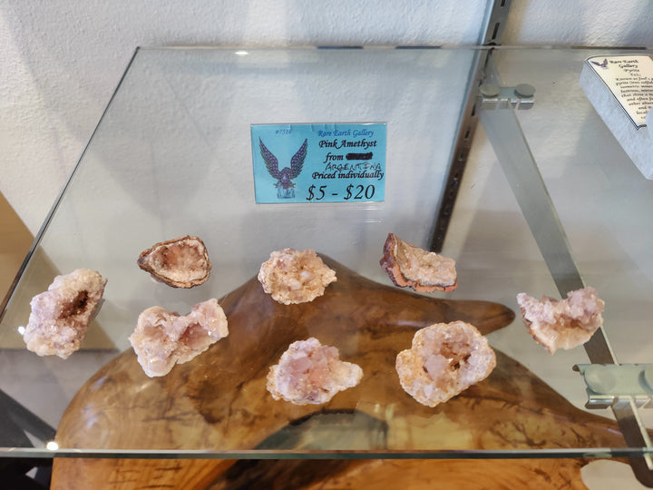 Pink amethyst crystal specimen display with several rough pink and purple clusters