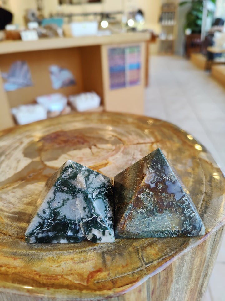 Moss agate pyramid set of two stones with dark green and white veining