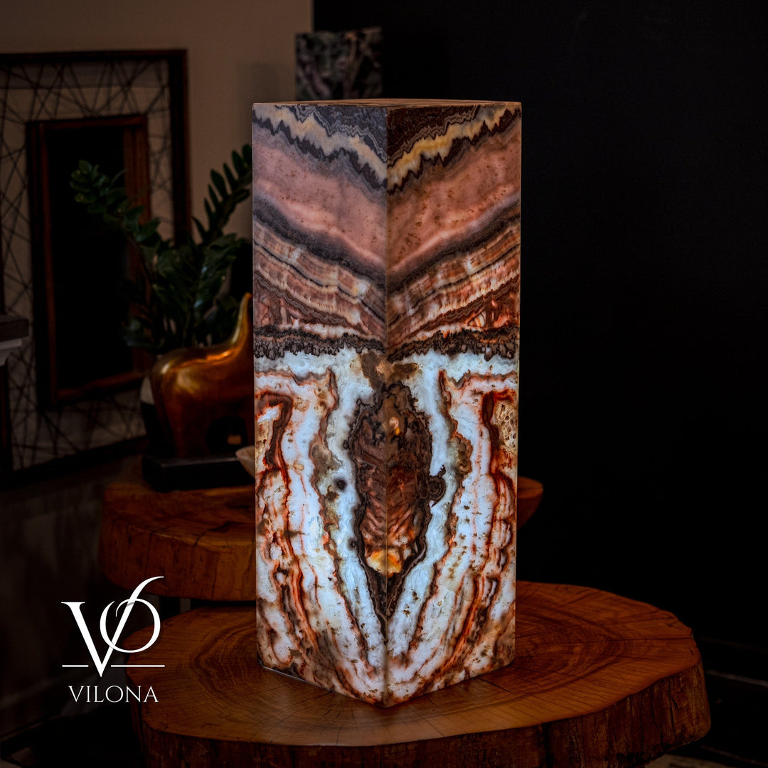 Small square floor lamp with multi-color agate-pattern shade, angled side view