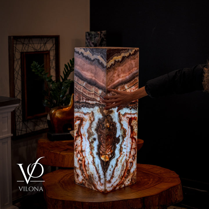 Small square floor lamp with multi-color agate-pattern shade, front three-quarter view