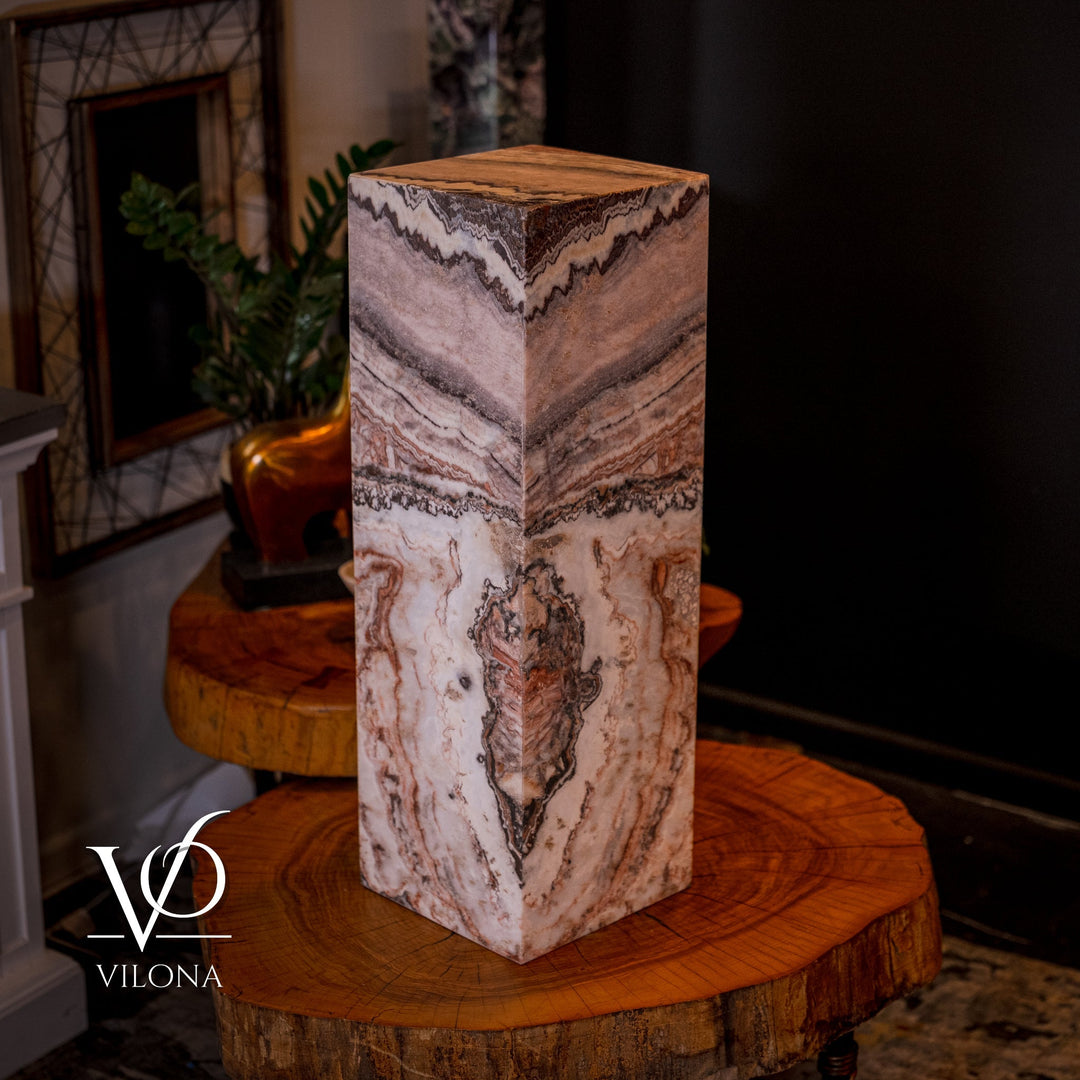 Small square floor lamp with multi-color agate-pattern shade, angled view with base at bottom