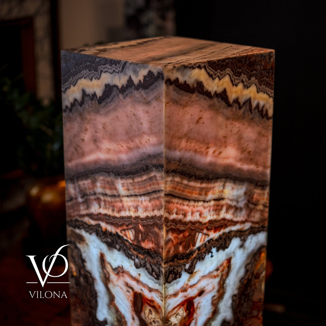 Small square floor lamp close-up of multi-color agate-pattern shade top and panels