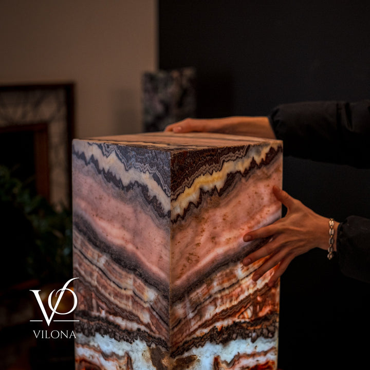 Small square floor lamp, close view of multi-color agate-pattern shade corner