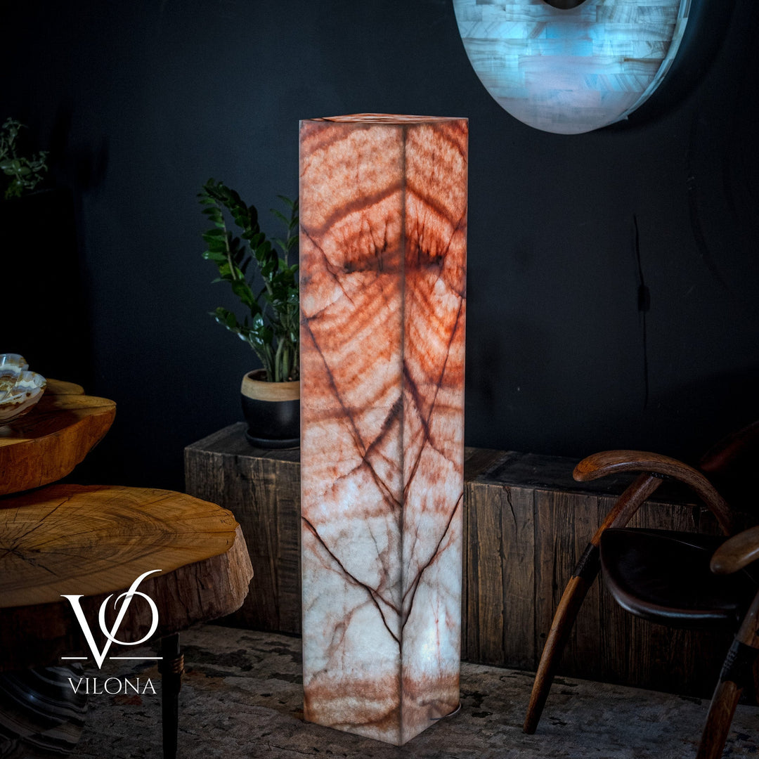 Square onyx-look floor lamp column in orange, white, and dark veining