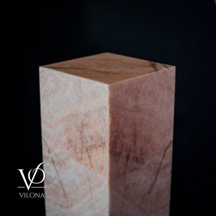 Square onyx-look floor lamp column with pale white and warm rust marbling