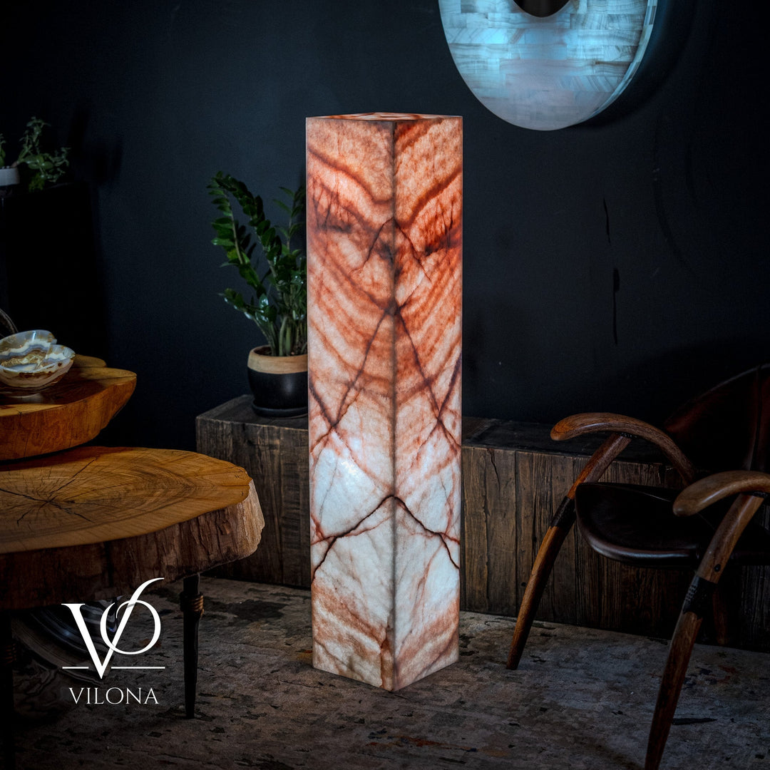 Tall square floor lamp with orange and white marbled onyx-look column