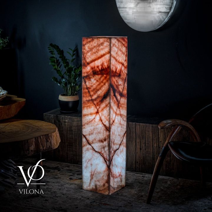 Square marble-pattern floor lamp, narrow column with warm red and white patterns