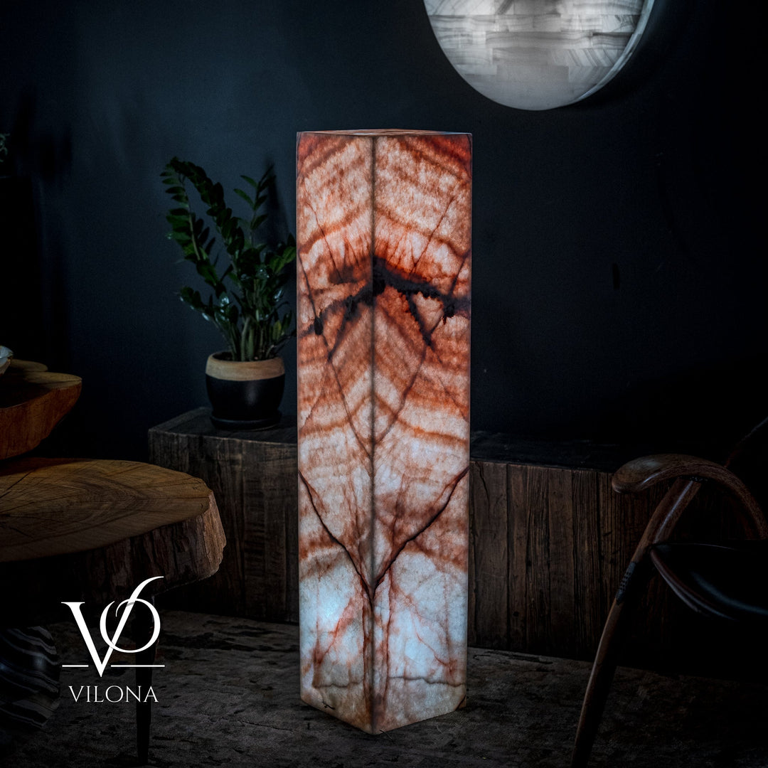 Square marble-pattern floor lamp, angled view with red-orange marbled texture