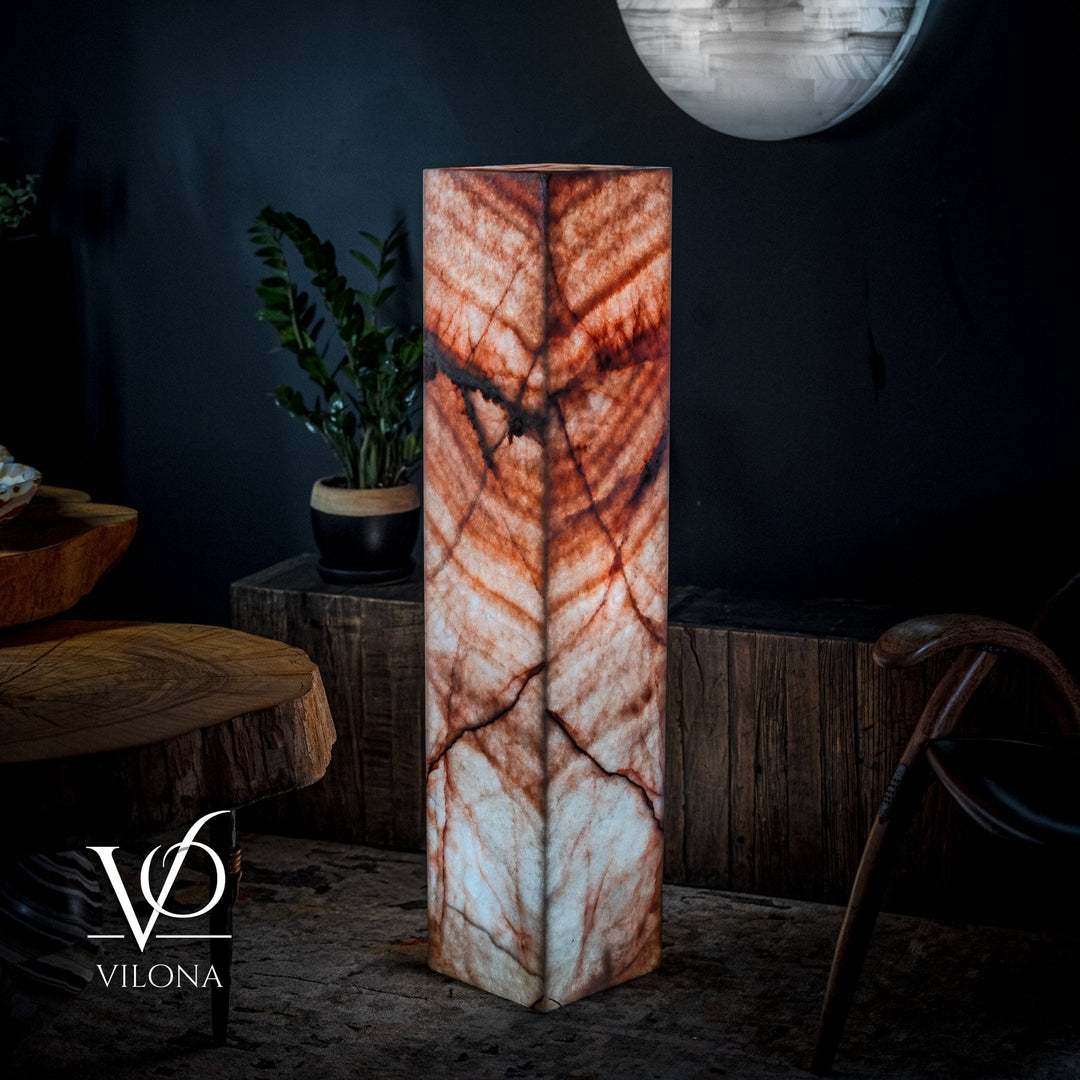 Square marble-pattern floor lamp, front view with dark red branching veining