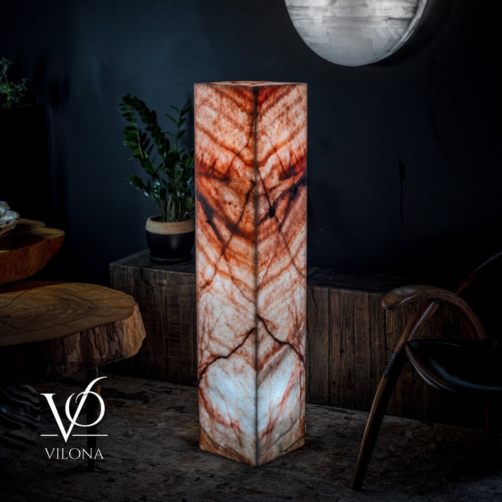 Square marble-pattern floor lamp, tall column with red and white veining