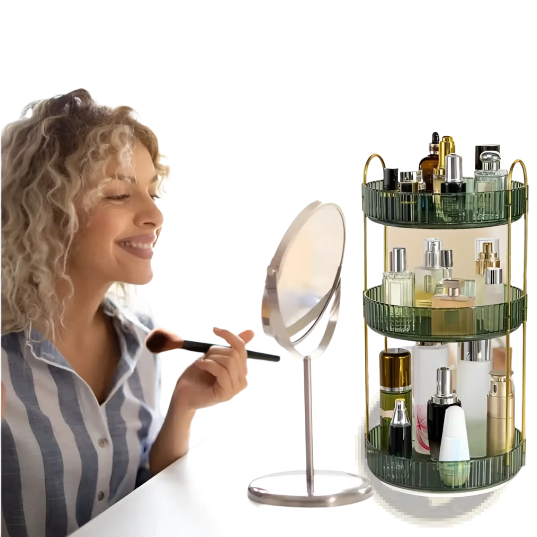 Rotating Makeup Organizer 3 Tier Green and Gold
