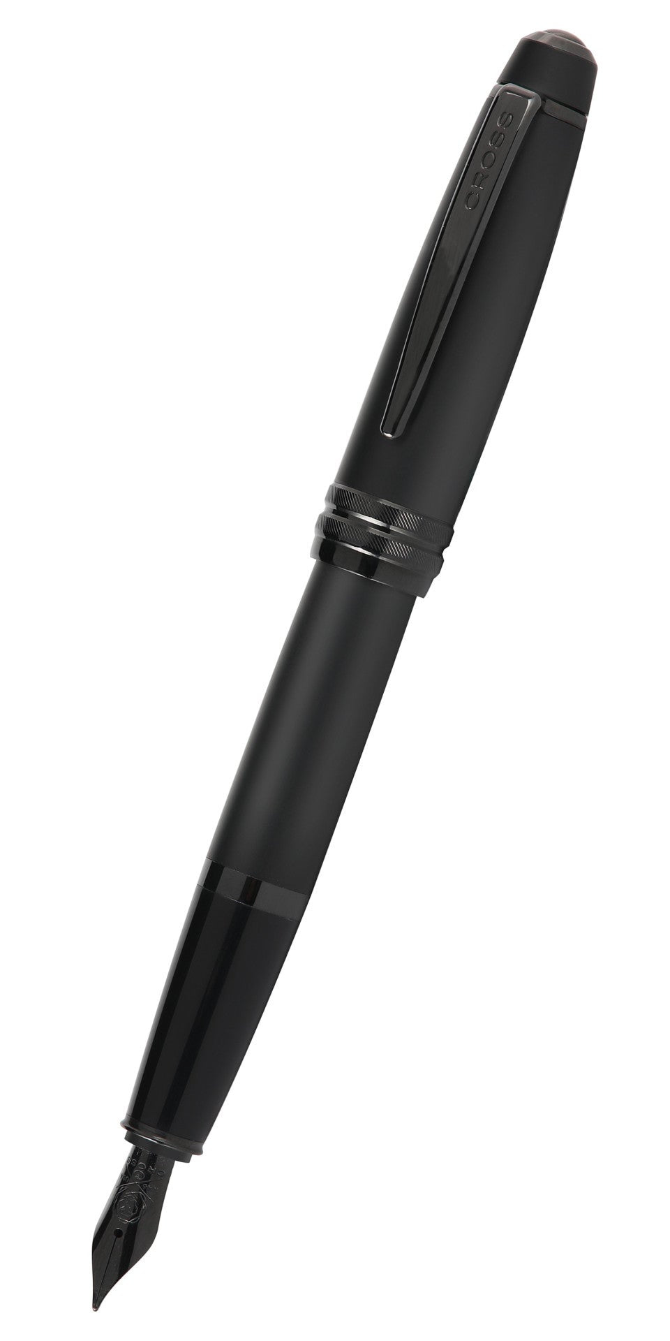 Matte black fountain pen with extra-fine nib tip and grip detail, angled view