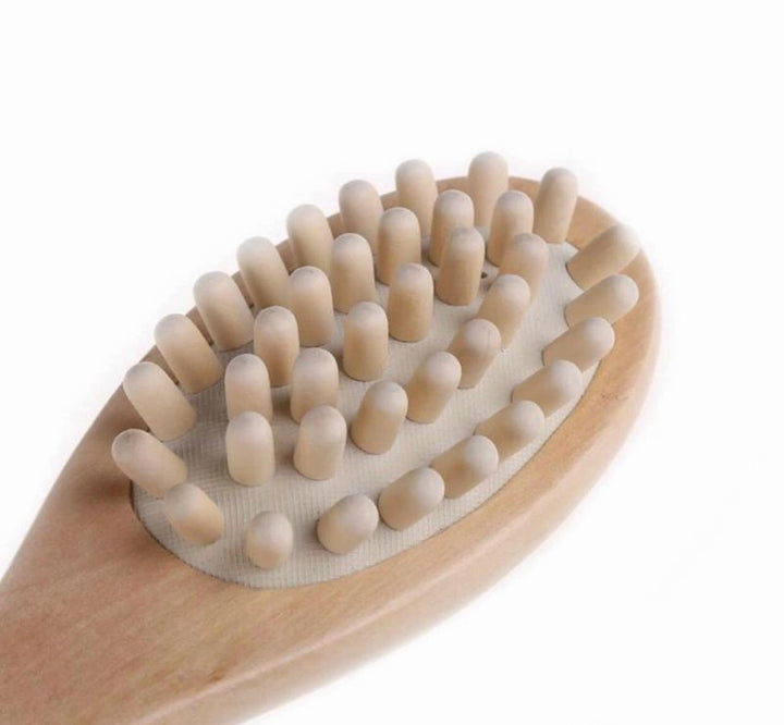 Bath and body massage brush with oval brush head and densely set light bristles