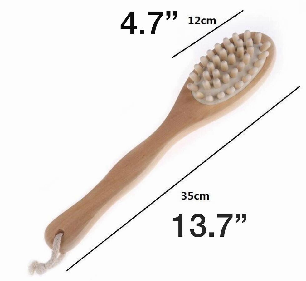 Wood bath and body massage brush, 35cm handle with 12cm oval bristle head