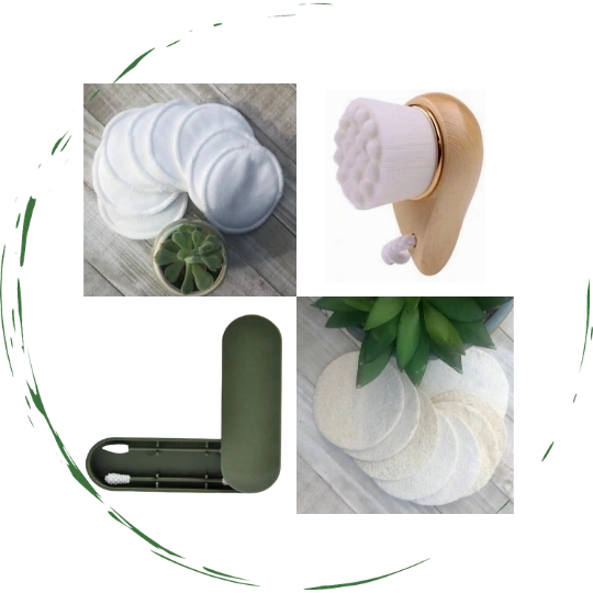 Facial skincare accessory bundle: cleansing pads, wooden brush, and green storage case