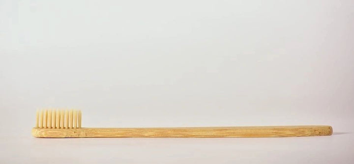 Bamboo toothbrush lying flat, soft bristles at one end