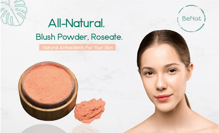 Roseate blush powder jar with small powder pile and round compact