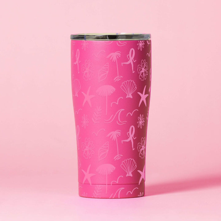 Matte pink 20 oz tumbler with silver lid, shells and starfish pattern