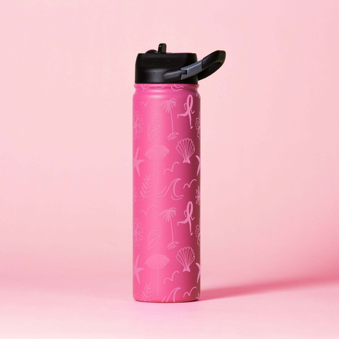 Matte pink 27 oz sport bottle with flip spout and all-over graphic pattern