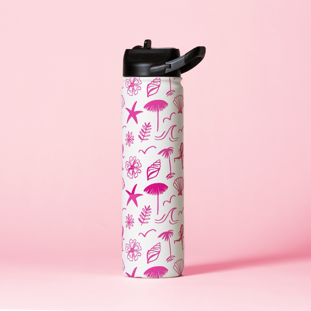 Matte white 27 oz sport bottle with pink floral design and black flip lid