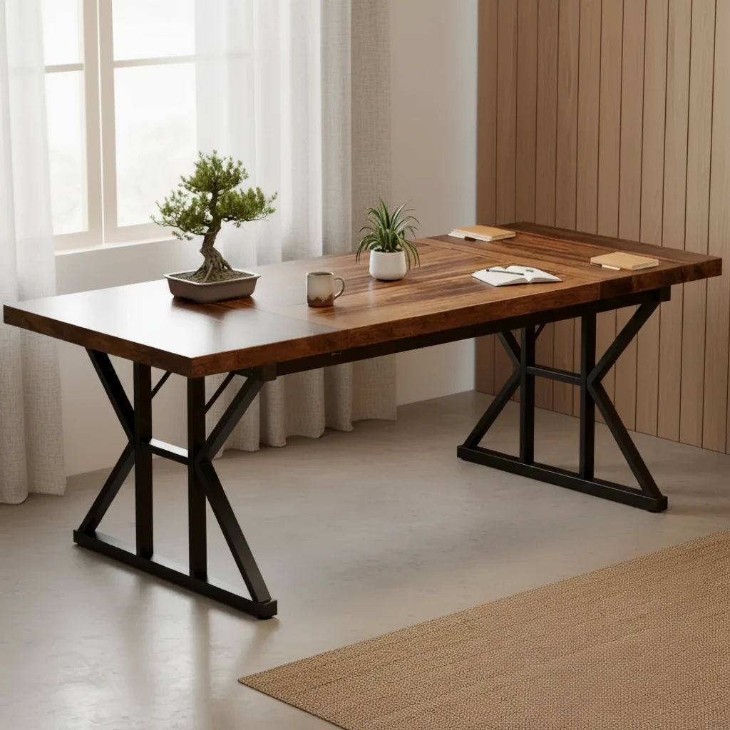 Rustic Wooden Office Desk with Black Metal x Legs