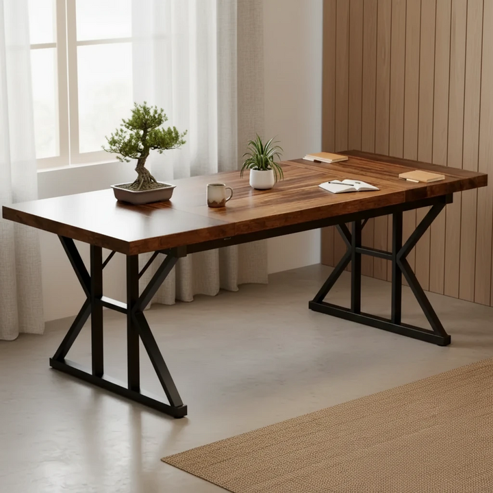 Rustic Wooden Office Desk with Black Metal x Legs