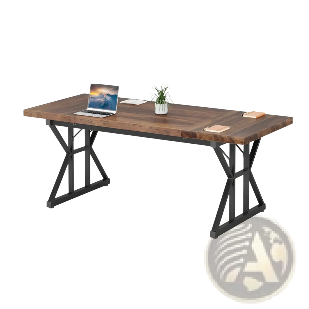 Rustic Wooden Office Desk with Black Metal x Legs