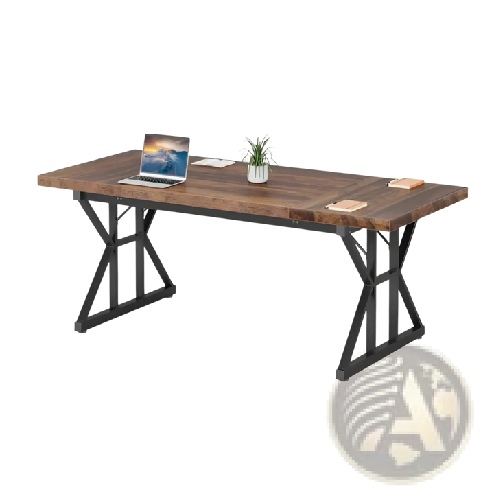 Rustic Wooden Office Desk with Black Metal x Legs