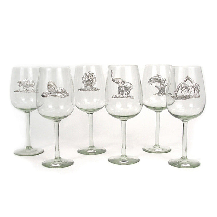 Set of clear animal wine glasses with pewter animal silhouettes along the bowl