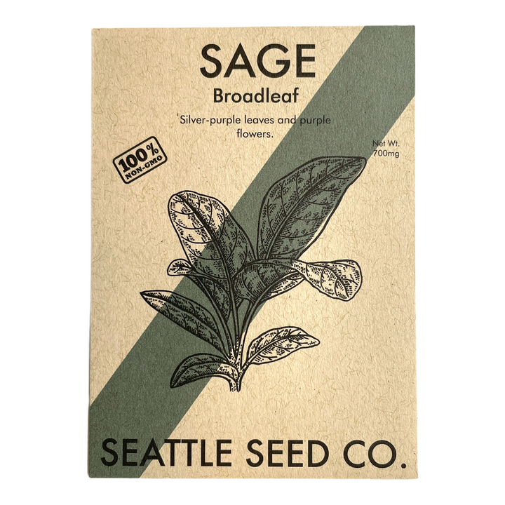 Broadleaf sage seed packet with sage leaves illustration and SAGE text