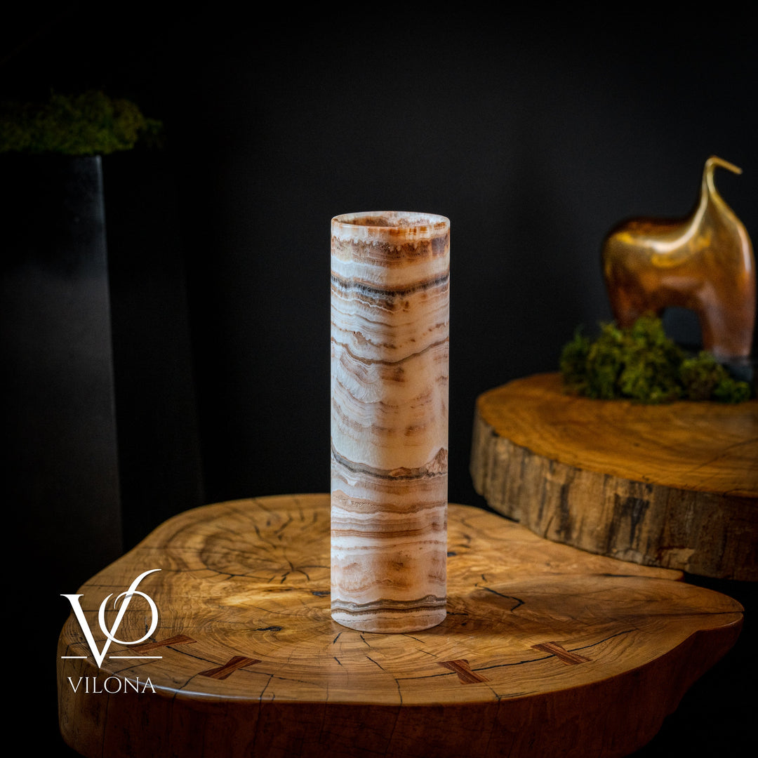 Cylindrical onyx crystal table lamp, tall glass column with wavy amber bands