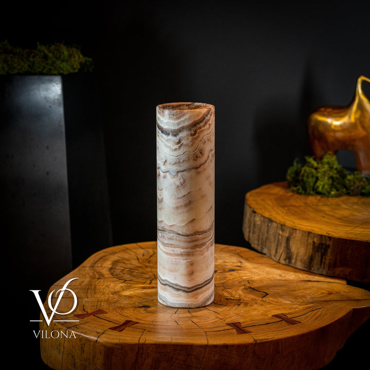 Sahara onyx cylinder table lamp with light cream and gray wave bands, white cord