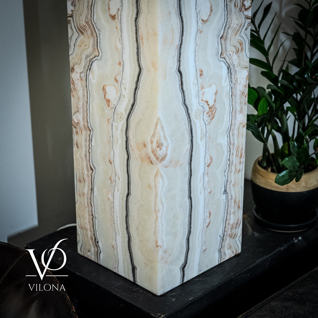 Square onyx floor lamp with cream and blue striped shade and black base