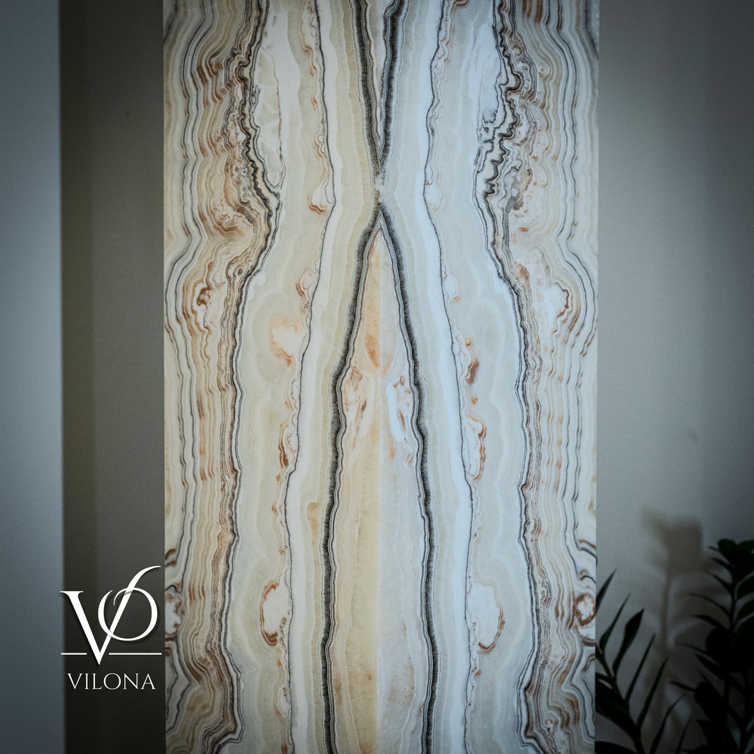 Square onyx floor lamp shade with vertical cream and light-blue stone stripes