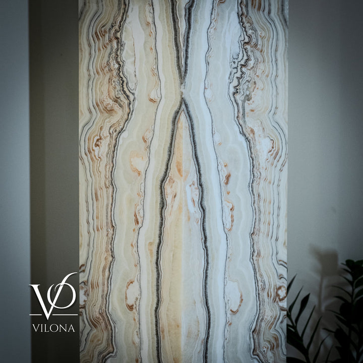 Square onyx floor lamp shade with vertical cream and light-blue stone stripes