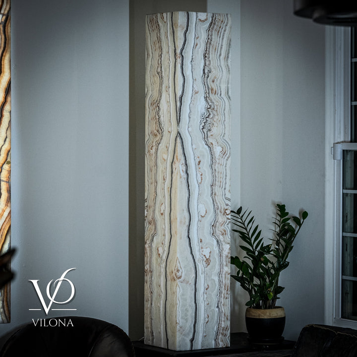 Floor lamp with tall square onyx shade, pale cream with blue-gray and amber veining.