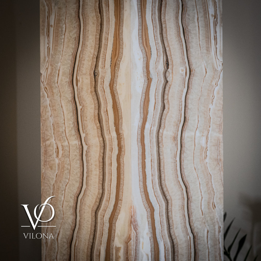 Tall floor lamp shade with vertical wavy striped fabric in cream and tan
