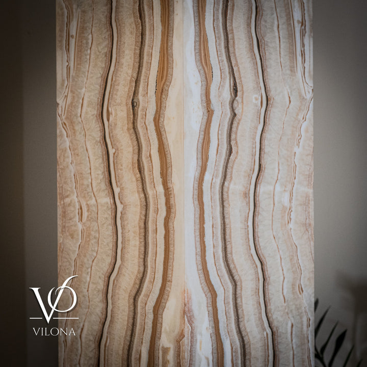 Tall floor lamp shade with vertical wavy striped fabric in cream and tan