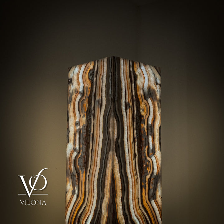 Tall onyx lamp shade top view with rounded edge and wavy cream and dark stripes