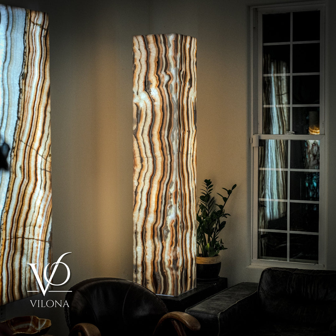 Large onyx floor lamp with tall rectangular shade; vertical wavy cream and amber bands with dark streaks