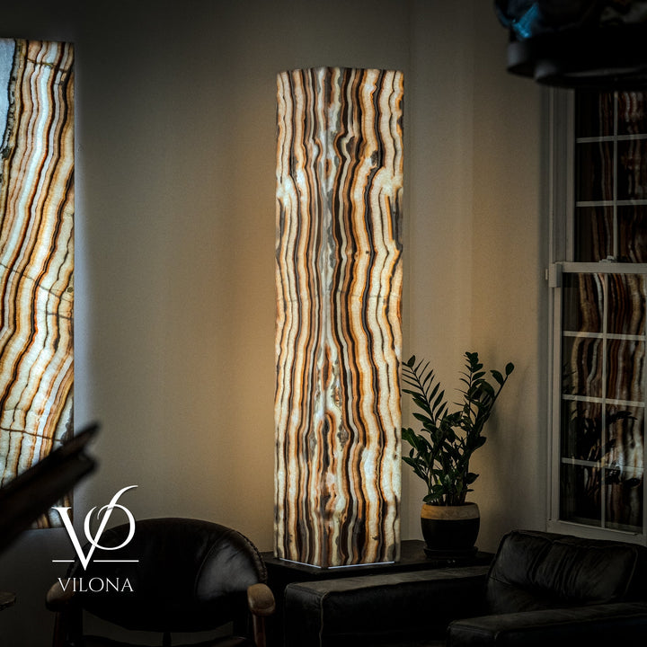 Onyx floor lamp with tall rectangular shade; cream and amber waves with dark streaks