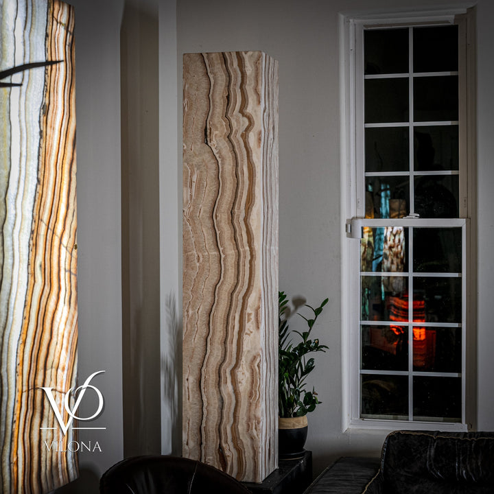 Light beige onyx floor lamp shade with vertical wavy stripes and darker accents