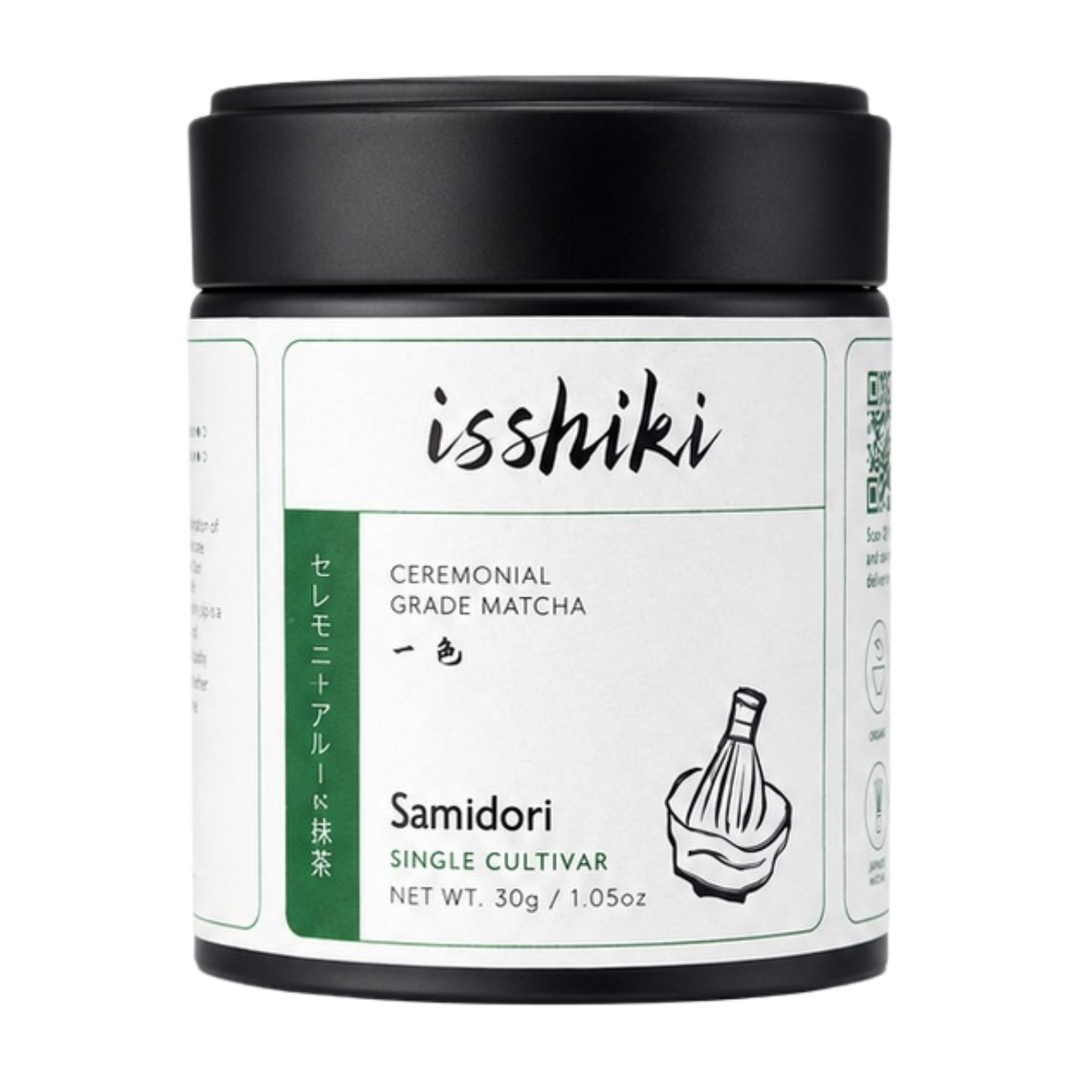 Ceremonial matcha powder jar with black lid and front label featuring matcha whisk icon.