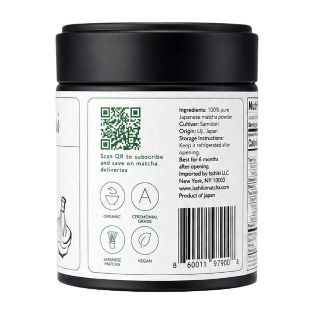 Ceremonial matcha powder jar back label with QR code, ingredients, and storage details.