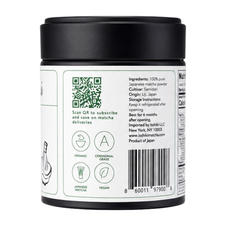 Ceremonial matcha powder jar back label with QR code, ingredients, and storage details.