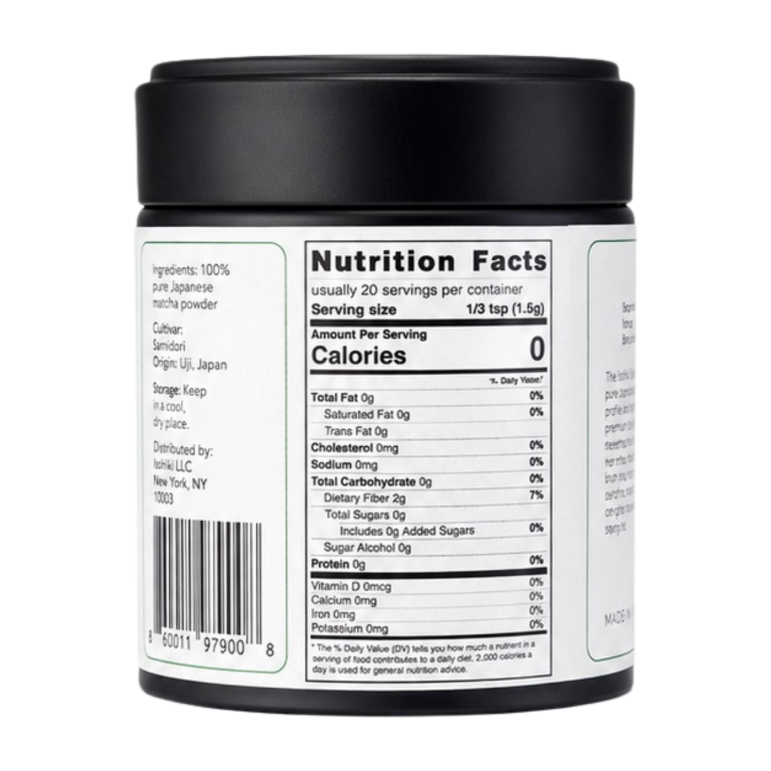 Ceremonial matcha powder jar nutrition facts label on the back panel.