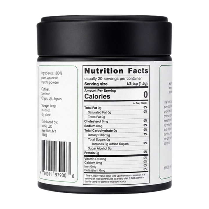 Ceremonial matcha powder jar nutrition facts label on the back panel.