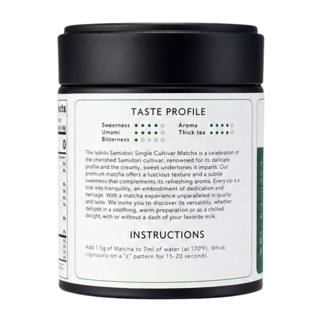 Ceremonial matcha powder jar label showing taste profile and preparation instructions.